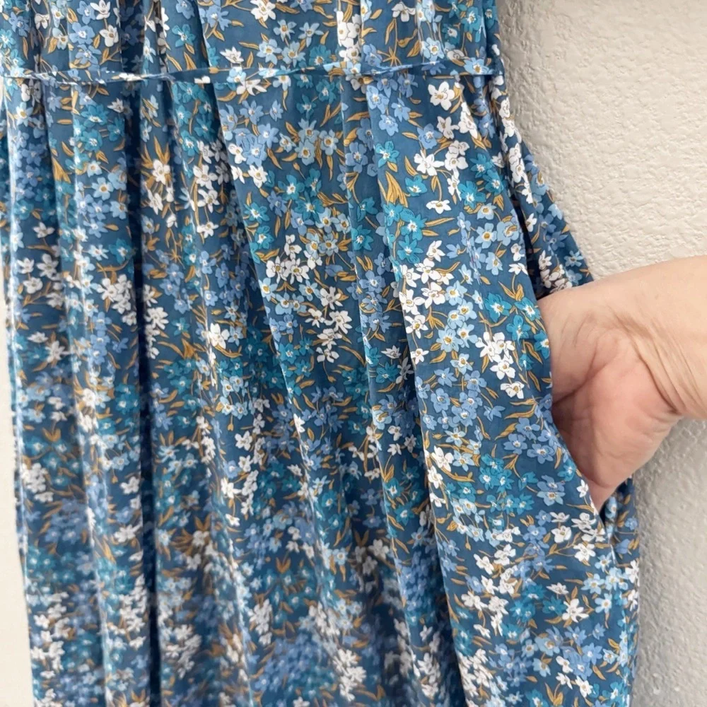 J. Crew Smocked Puff Sleeve Midi Dress XS Liberty Fabric Blue Floral Cottagecore - Picture 12 of 16